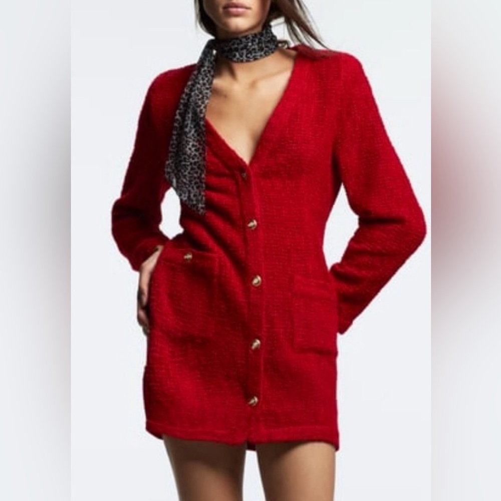 ZARA Textured Weave Blazer Dress Burgundy Red Gold Size S